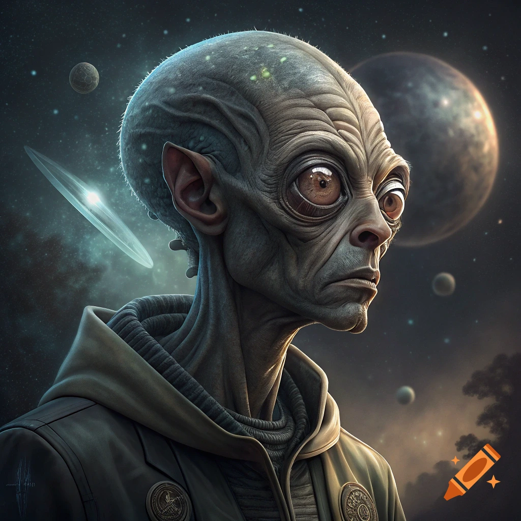 Detailed portrait of an alien in a hooded jacket with a starry space background and planets.
