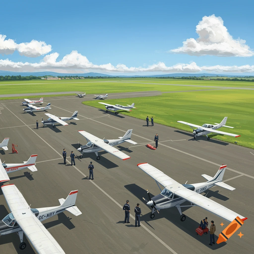 Small training aircraft and pilots on a sunny airfield.