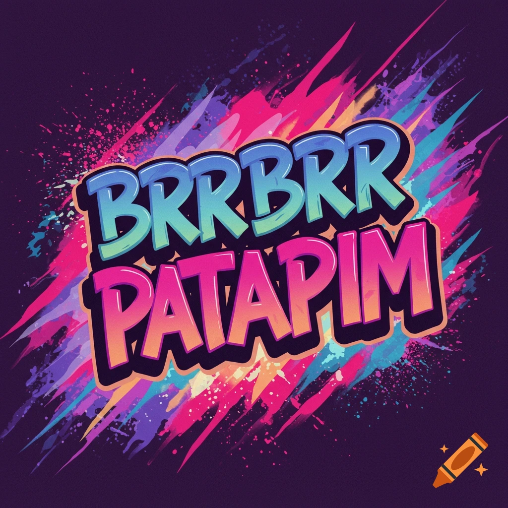 Stylized text BRRBRR PATAPIM in blue and pink gradient with colorful abstract paint splashes