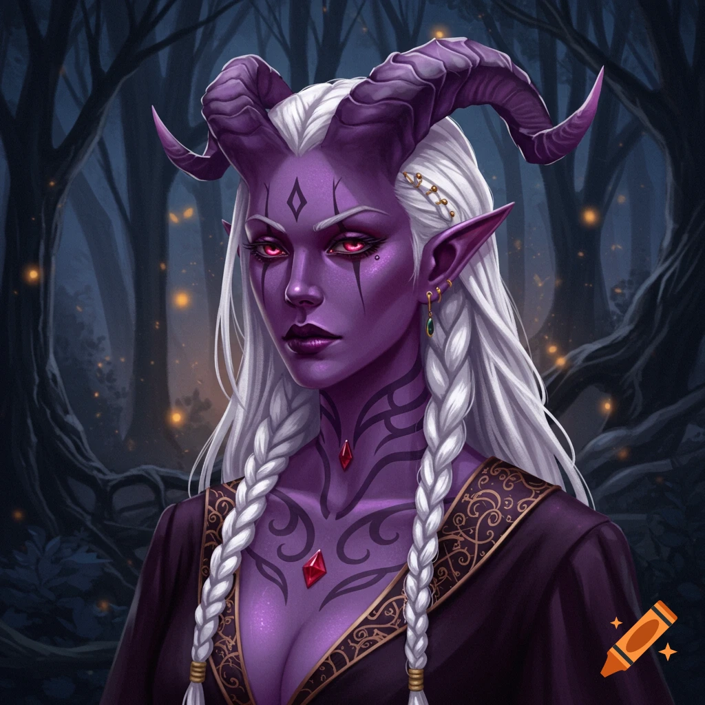 A purple-skinned Tiefling woman with white braided hair and horns stands in a dark forest.