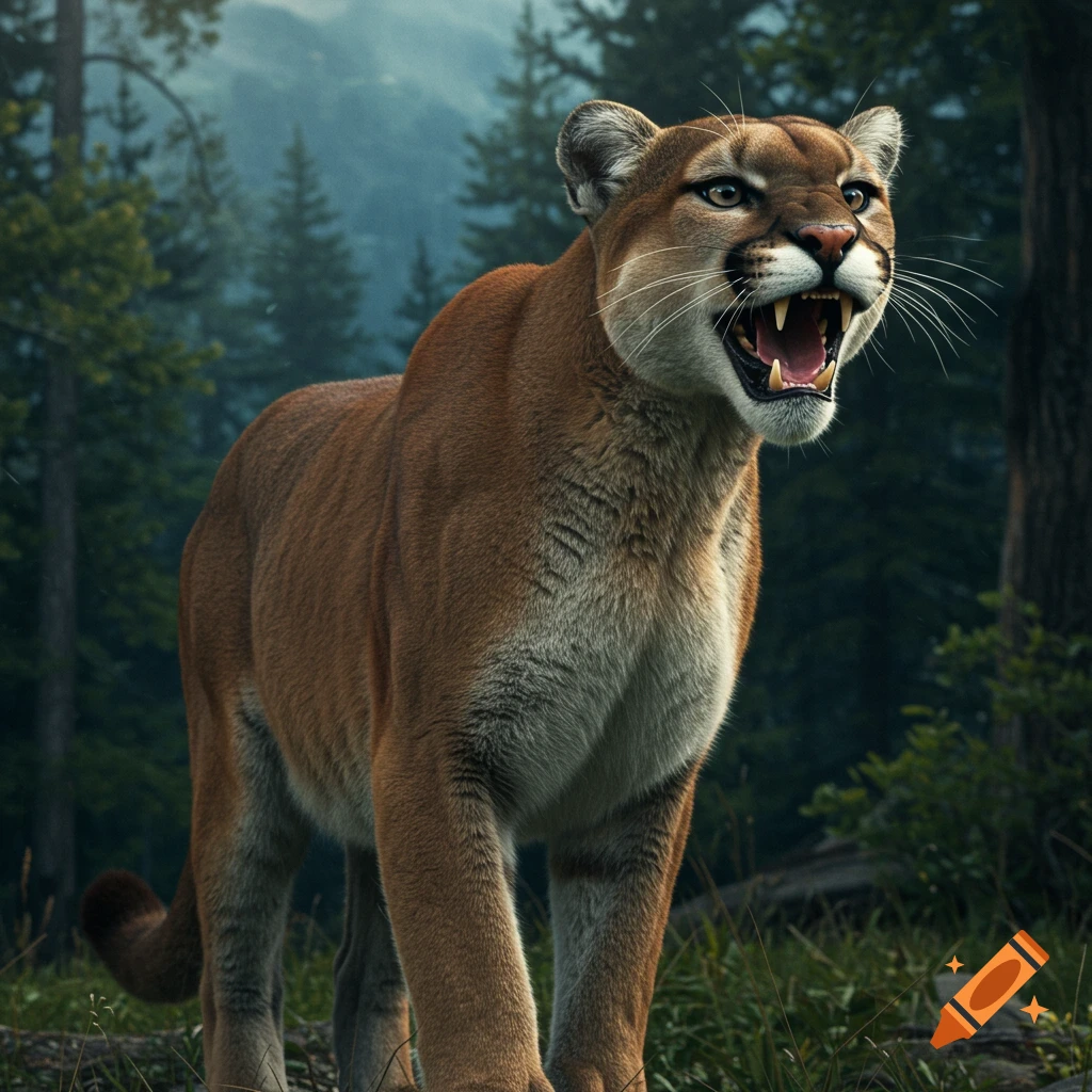A large cougar roaring in a forest, photorealistic style