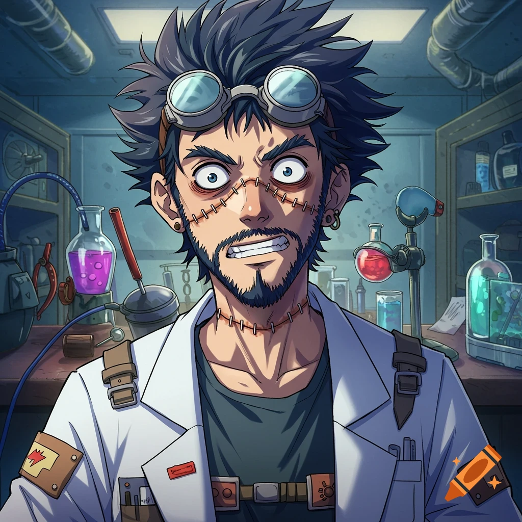 Anime illustration of a male scientist with goggles and stitches in a lab.