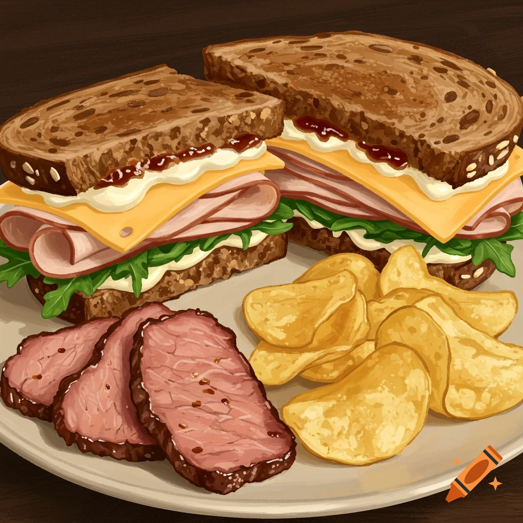 A sandwich, sliced meat, and potato chips on a plate.