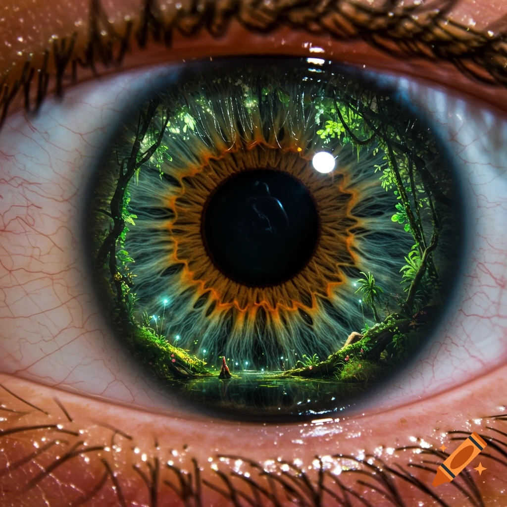 Close-up of a human eye with a lush rainforest swamp reflected in the iris.