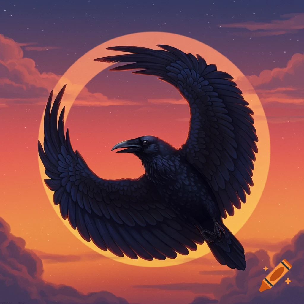 A raven flying with wings spread against a sunset and large bright circle.