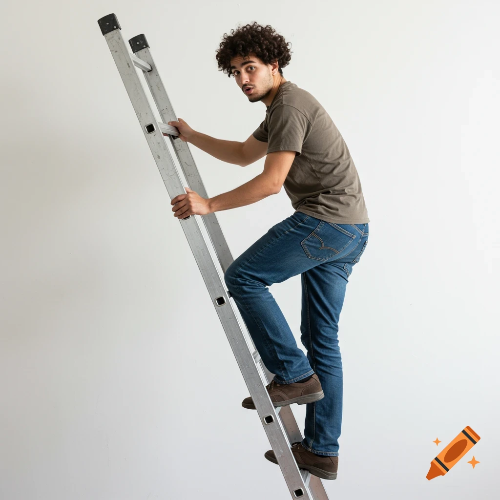 Photorealistic photo of a man climbing a ladder