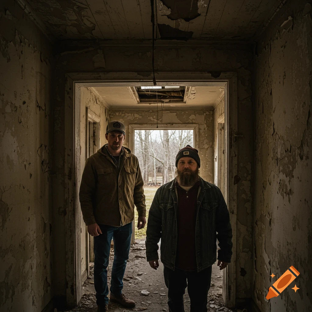 Two men stand in a dark, crumbling hallway of an abandoned building