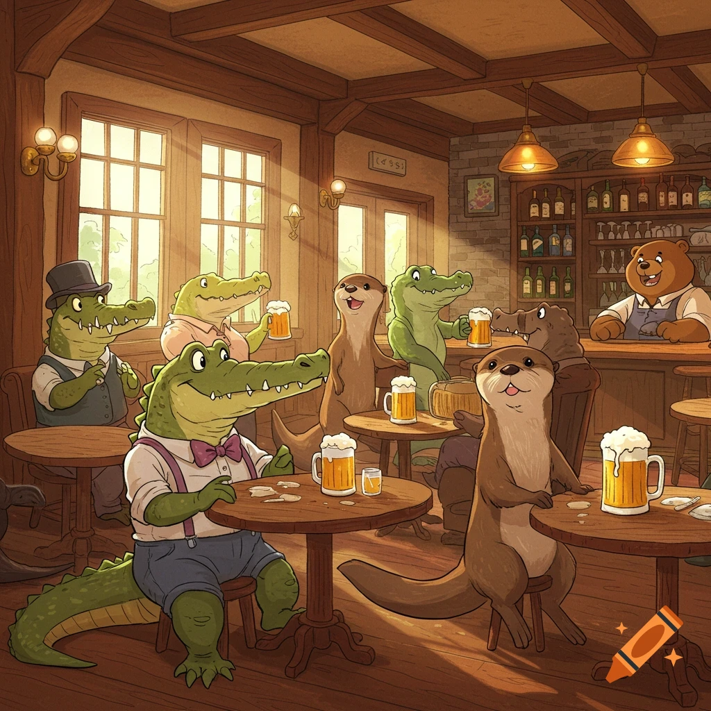 Cartoon of alligators and otters drinking beer at a pub.