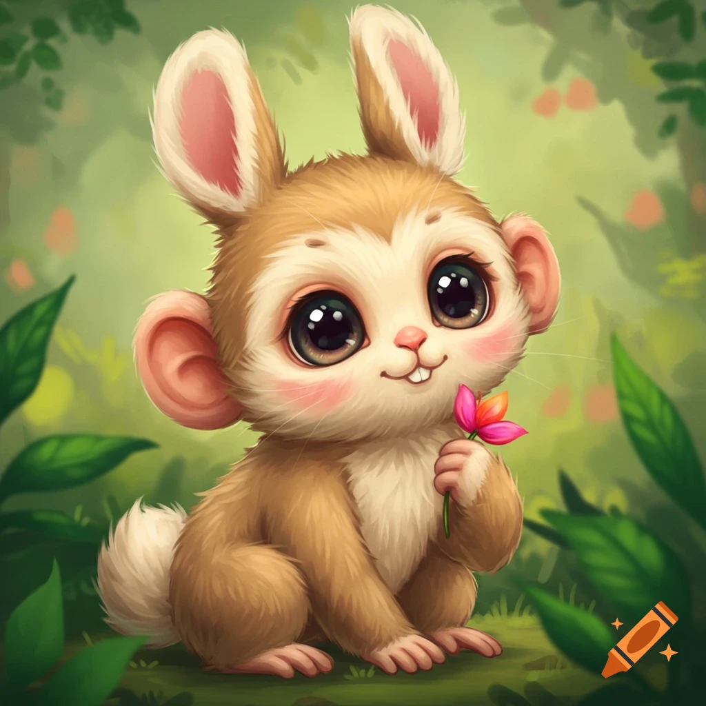 A cute, stylized animal with large ears holding a pink flower in a forest setting.
