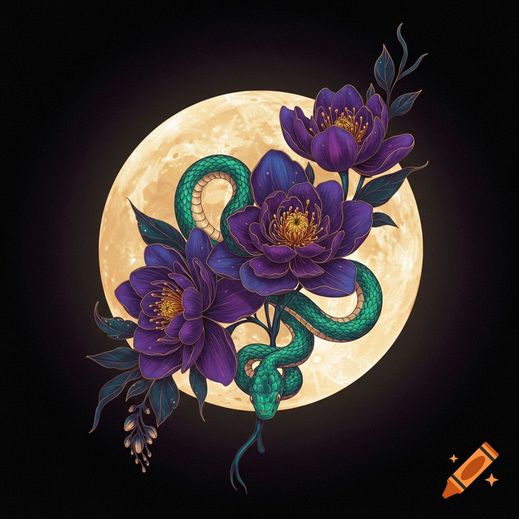 Stylized illustration of a green snake among purple flowers and a full moon
