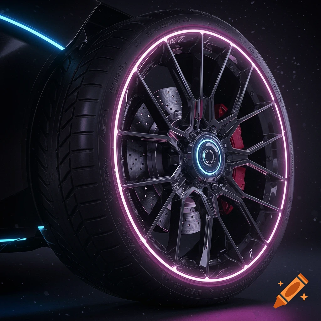 Close-up of a hyper futuristic car wheel with neon pink and blue lighting