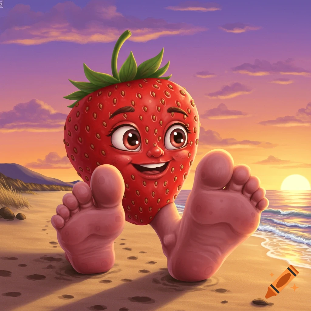 Cartoon strawberry character with big feet sitting on a beach at sunset.