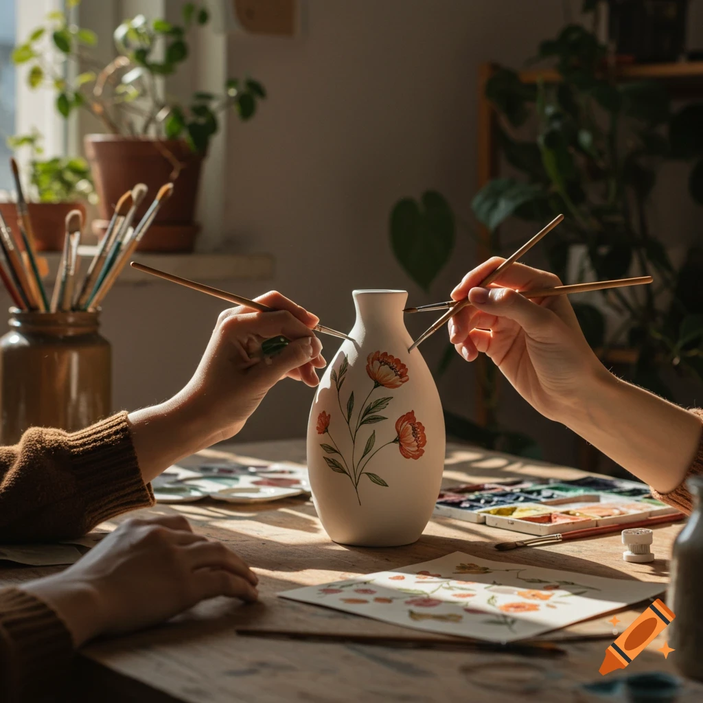 Two hands painting floral patterns on a vase in a sunlit art studio with brushes and plants.