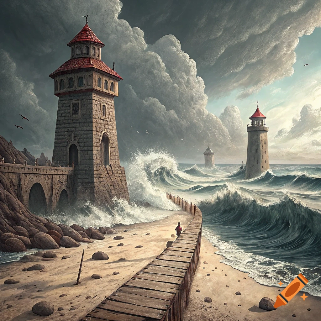 Fantasy seascape with lighthouses, stormy waves crashing on a beach with a wooden walkway.