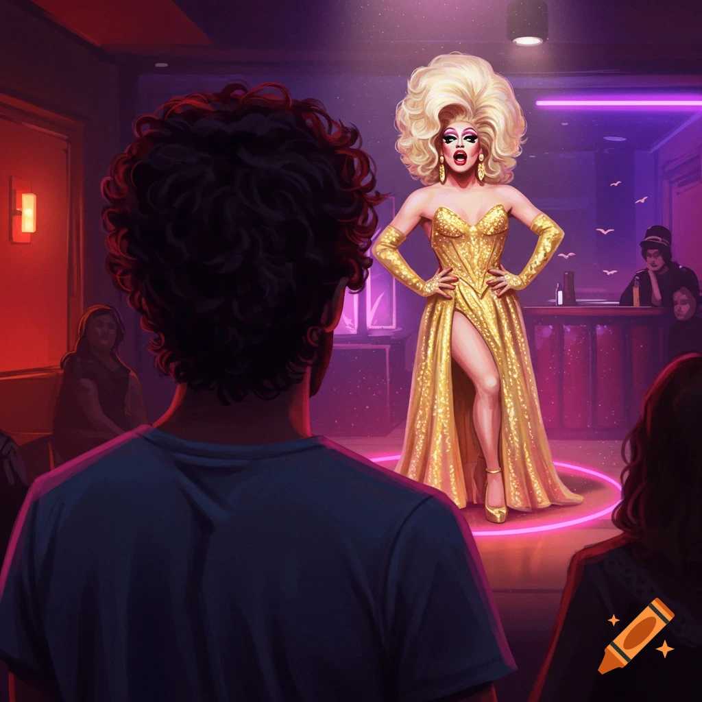 A man watching a drag queen perform on a stage in a bar.