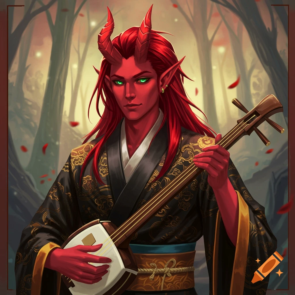 A Tiefling wearing a kimono plays a shamisen in a forest.