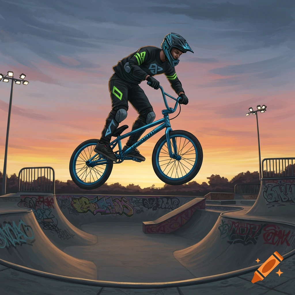 A BMX rider jumping in a skatepark at sunset