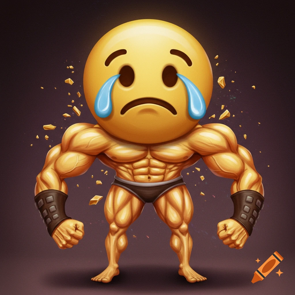 Muscular bodybuilder with a sad emoji face wearing briefs and wristbands, standing amidst debris.