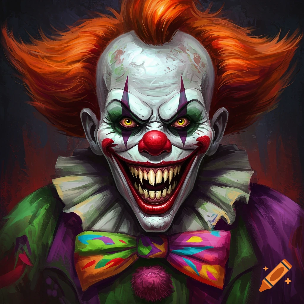 a scary clown with sharp teeth and yellow eyes