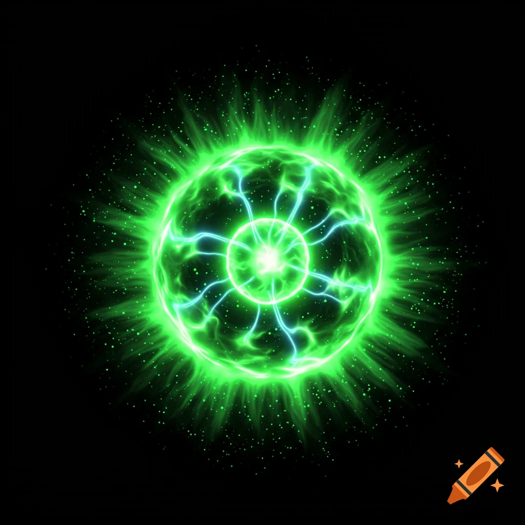 Glowing green energy sphere with blue lightning and particles on black