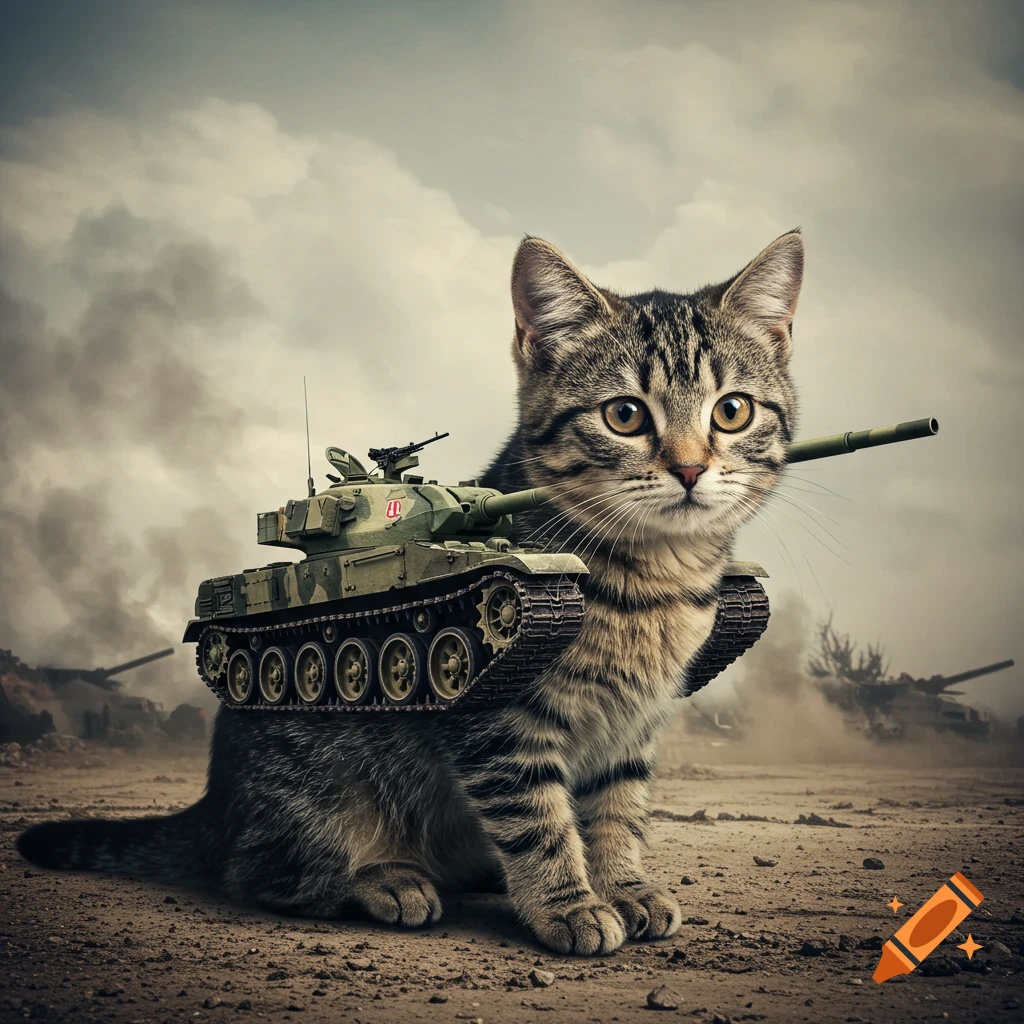 A tabby cat with a tank for a body sits in a war zone landscape. Photorealistic style.