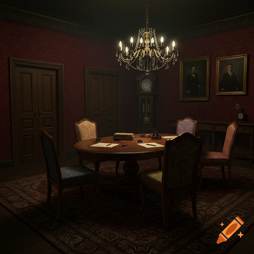 A dimly lit, old-fashioned room with a round table, chairs, grandfather clock, and framed portraits.