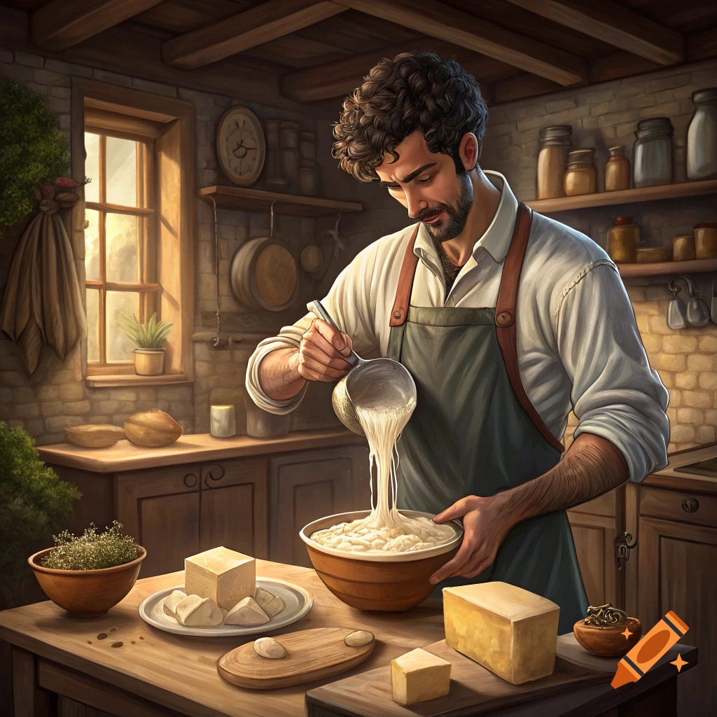 A man in a kitchen apron pours liquid into a bowl, with cheese and other ingredients on the counter, realistic painting style.