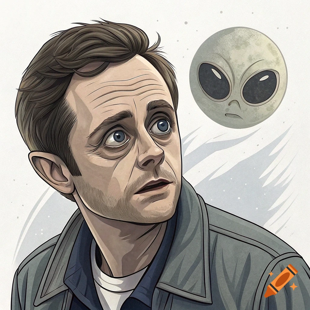 Illustration of a man looking surprised at a floating alien head.