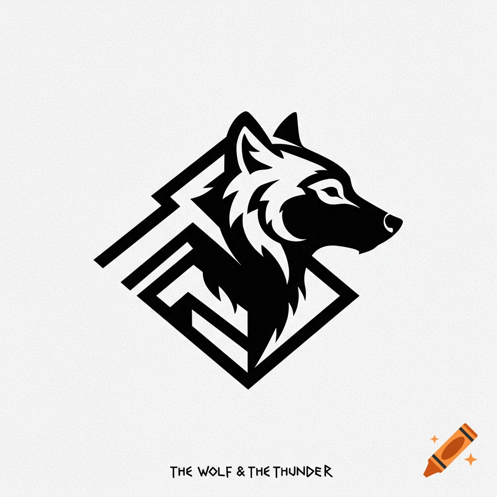 Black and white logo featuring a wolf head and abstract geometric shapes with text "THE WOLF & THE THUNDER".