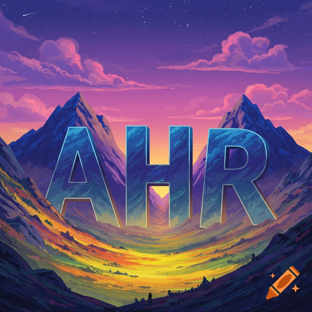 Large letters AHR in a vibrant fantasy landscape valley between mountains under a starry sky.