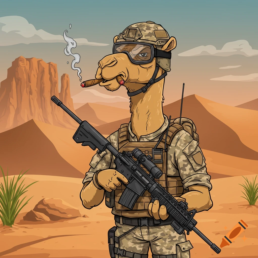 A cartoon camel in military gear holding a rifle and smoking a cigar in the desert.