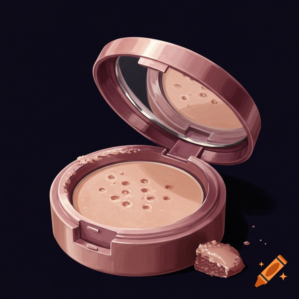 An open makeup compact with loose powder. The compact and lid are styled to look like cake.