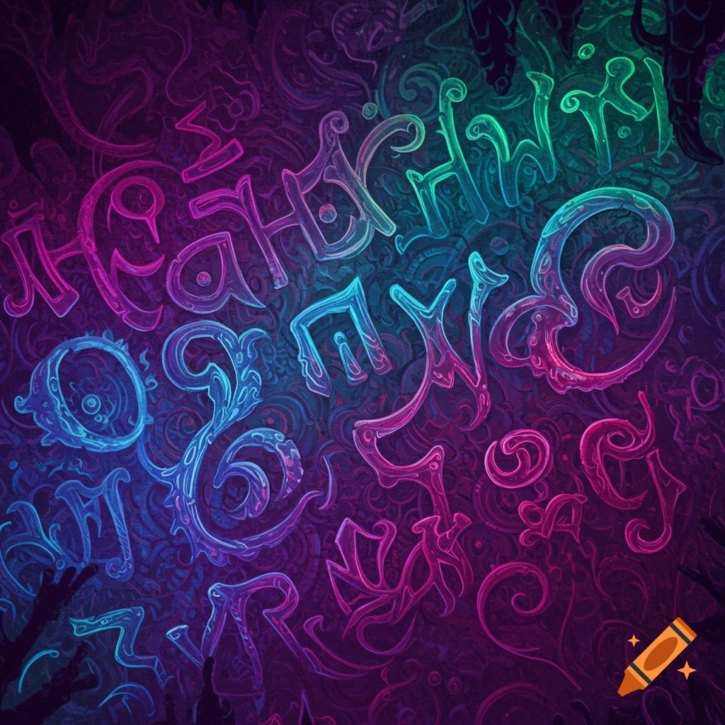 Abstract, glowing symbols resembling an alien alphabet in pink, blue, and green colors on a dark background.