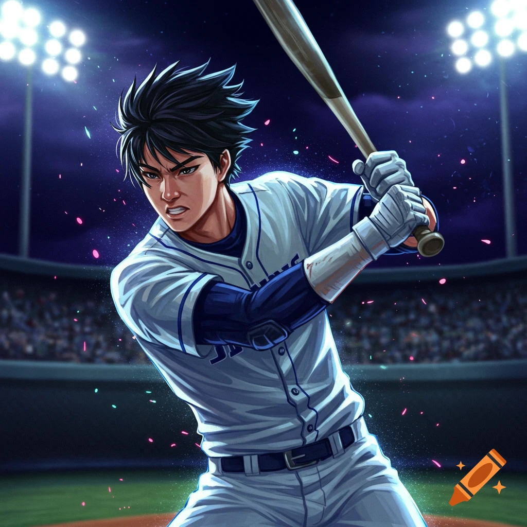 Anime style image of a baseball player swinging a bat in a stadium at night.