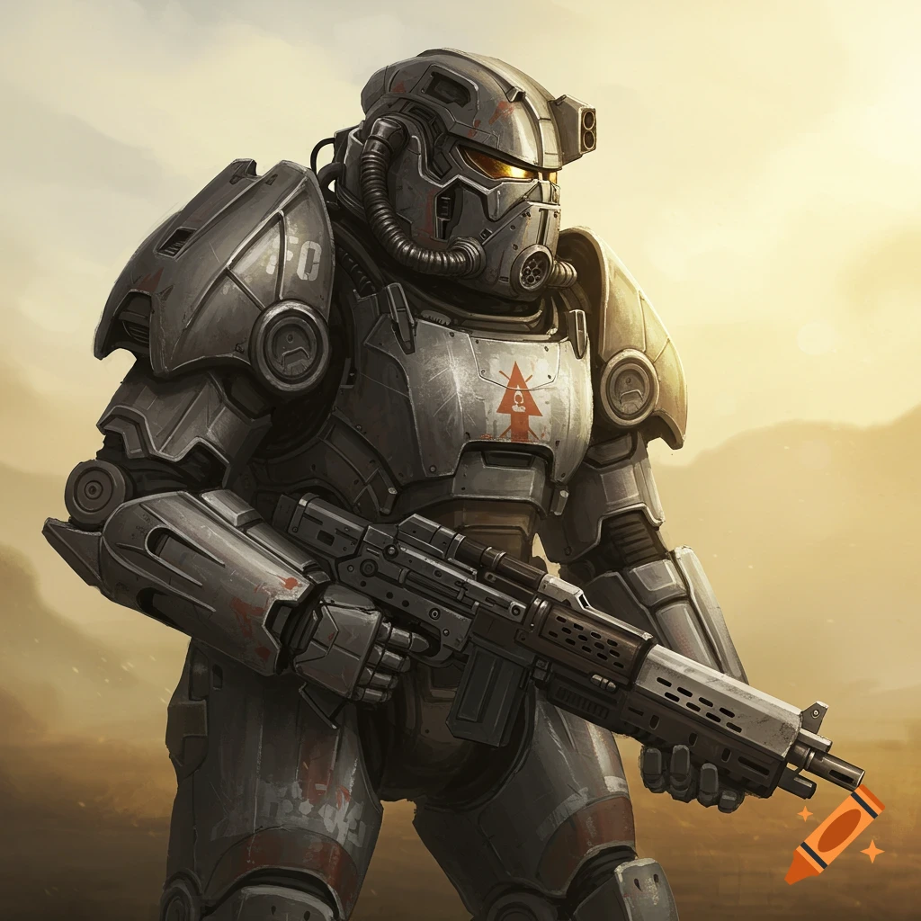 A soldier in grey power armor holding a rifle in a desert landscape.