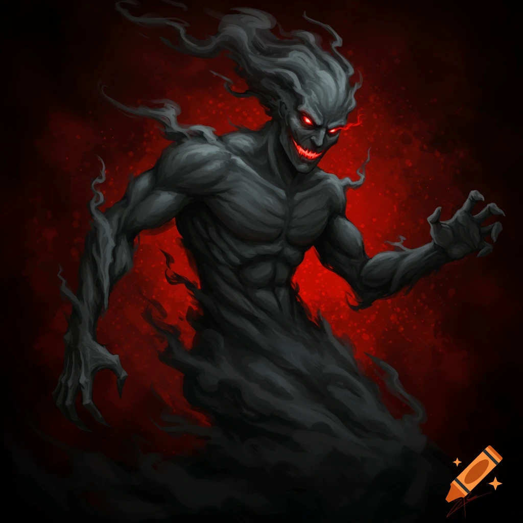 A menacing smoke creature with glowing red eyes and sharp teeth emerges from shadows against a red background, digital art.