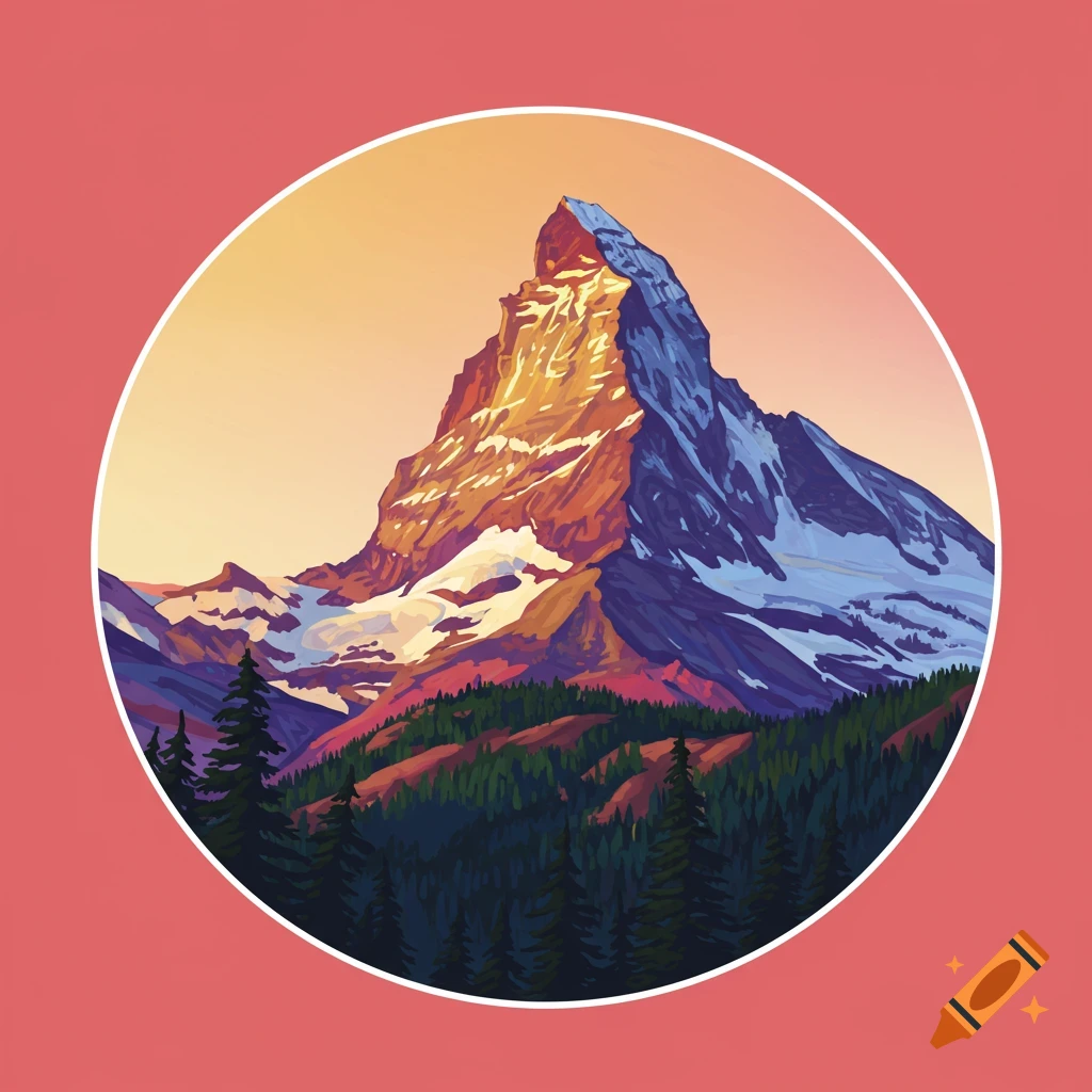 A large mountain peak with snow, surrounded by green trees and other mountains, set within a white circle on a red background.