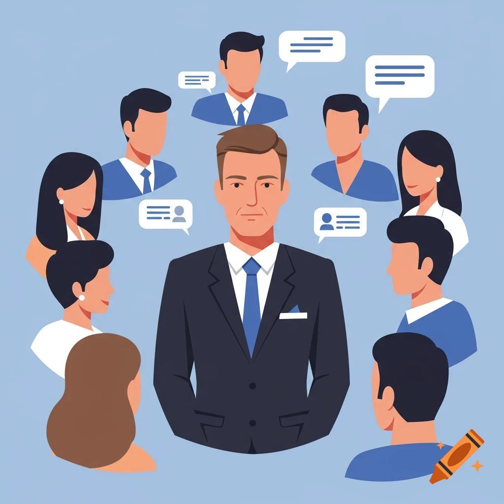 A central figure in a suit is surrounded by diverse team members with speech bubbles in a flat vector art style.
