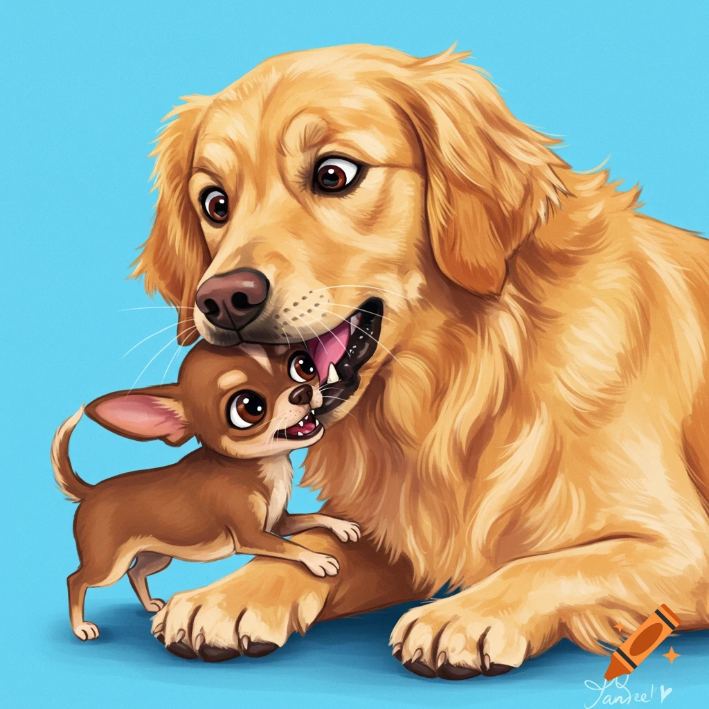 A large golden retriever holds a small chihuahua in its mouth, eyes wide.