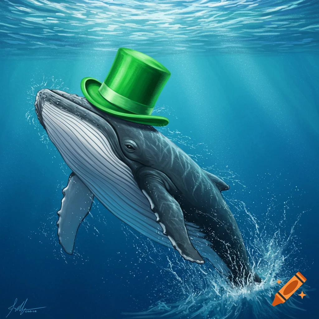 A humpback whale wearing a green top hat breaches the surface of blue water