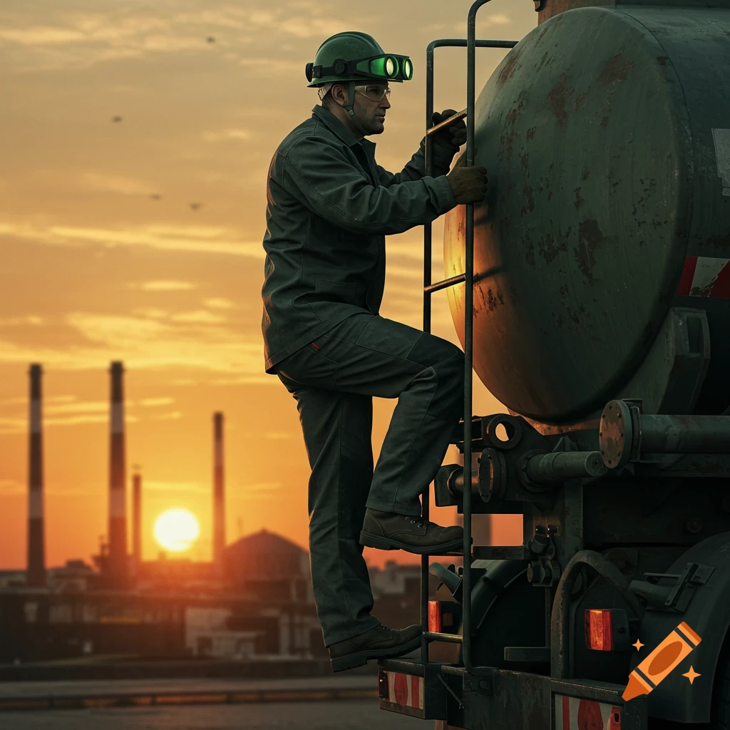 A worker climbs a ladder on a tank truck at sunset with an industrial complex in the background.