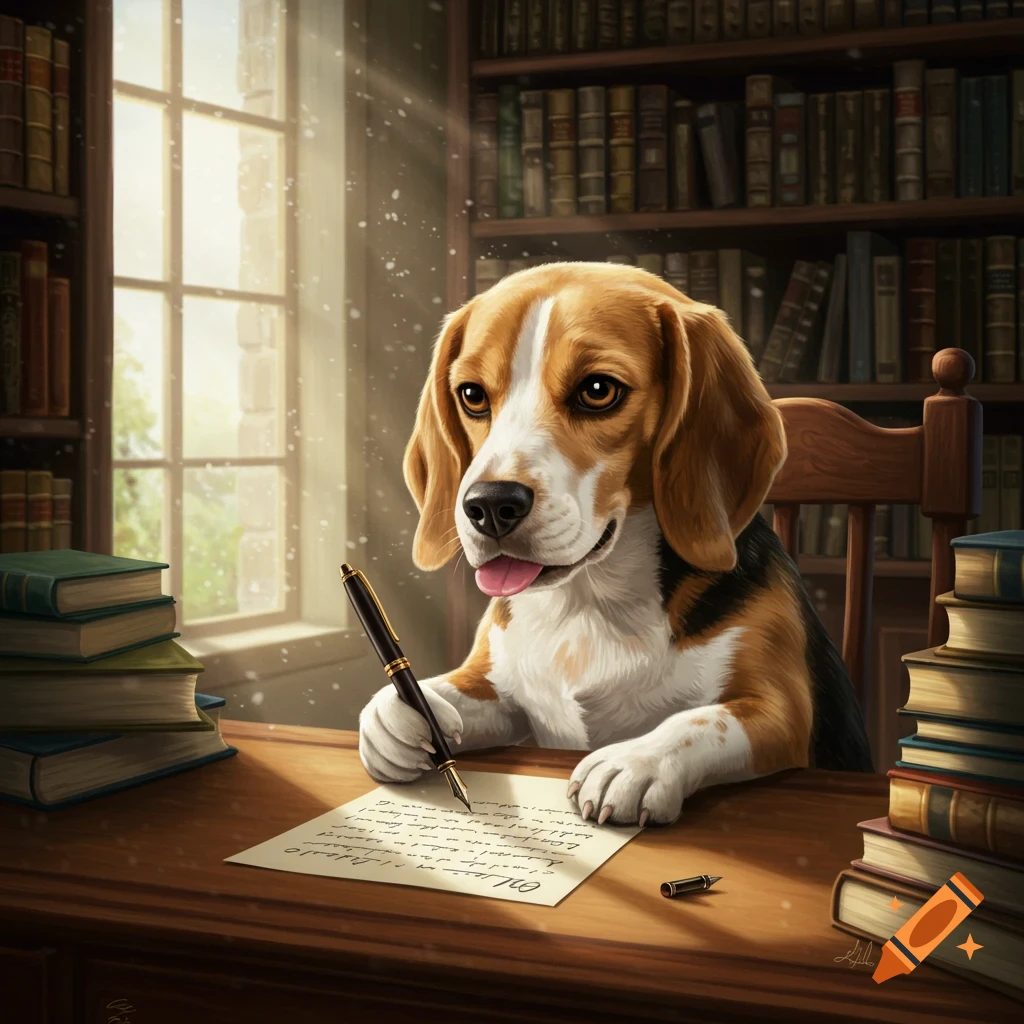 A Beagle sits at a wooden desk in a library, writing on paper with a pen.