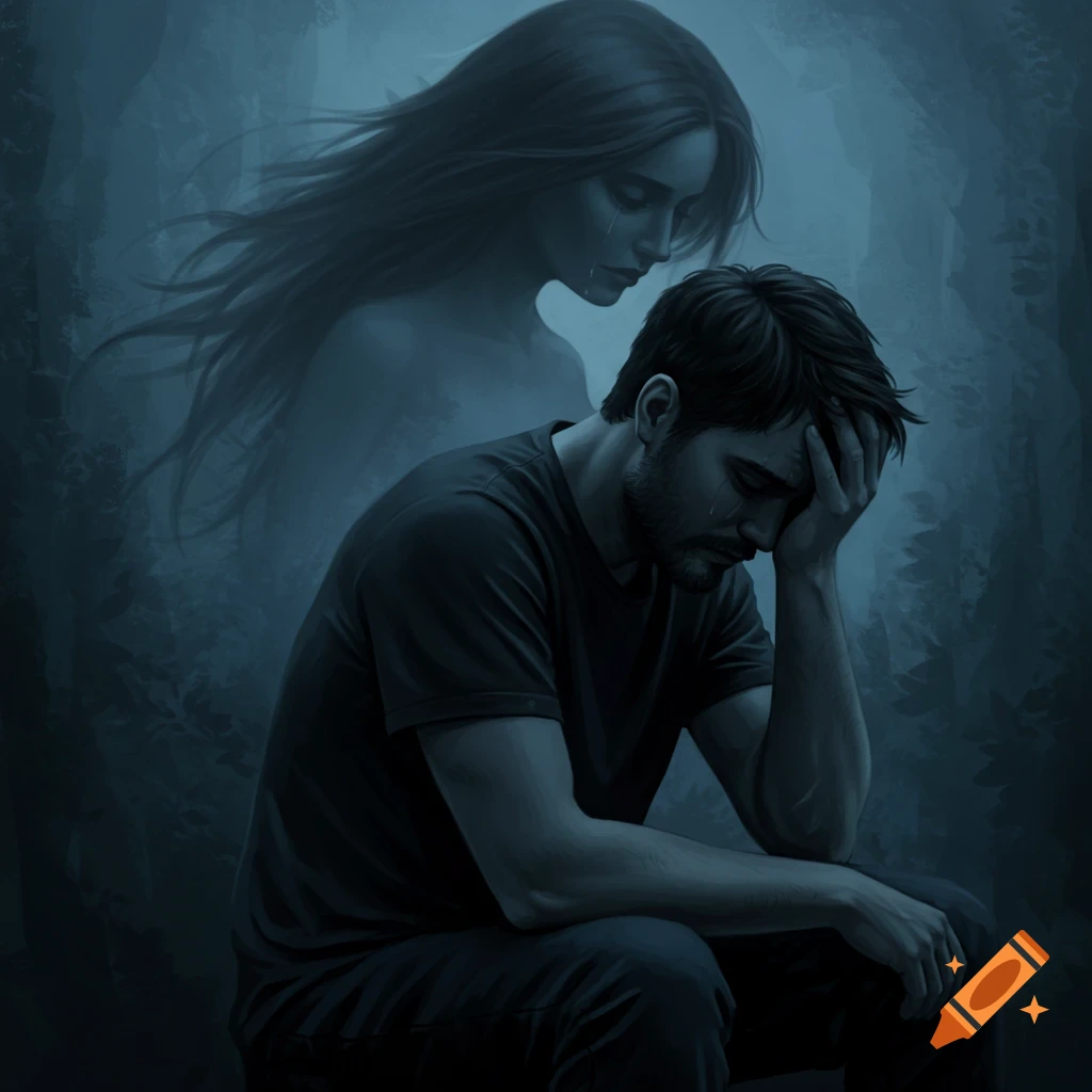 A man with his head in his hand, looking sad, with a ghostly woman figure behind him.