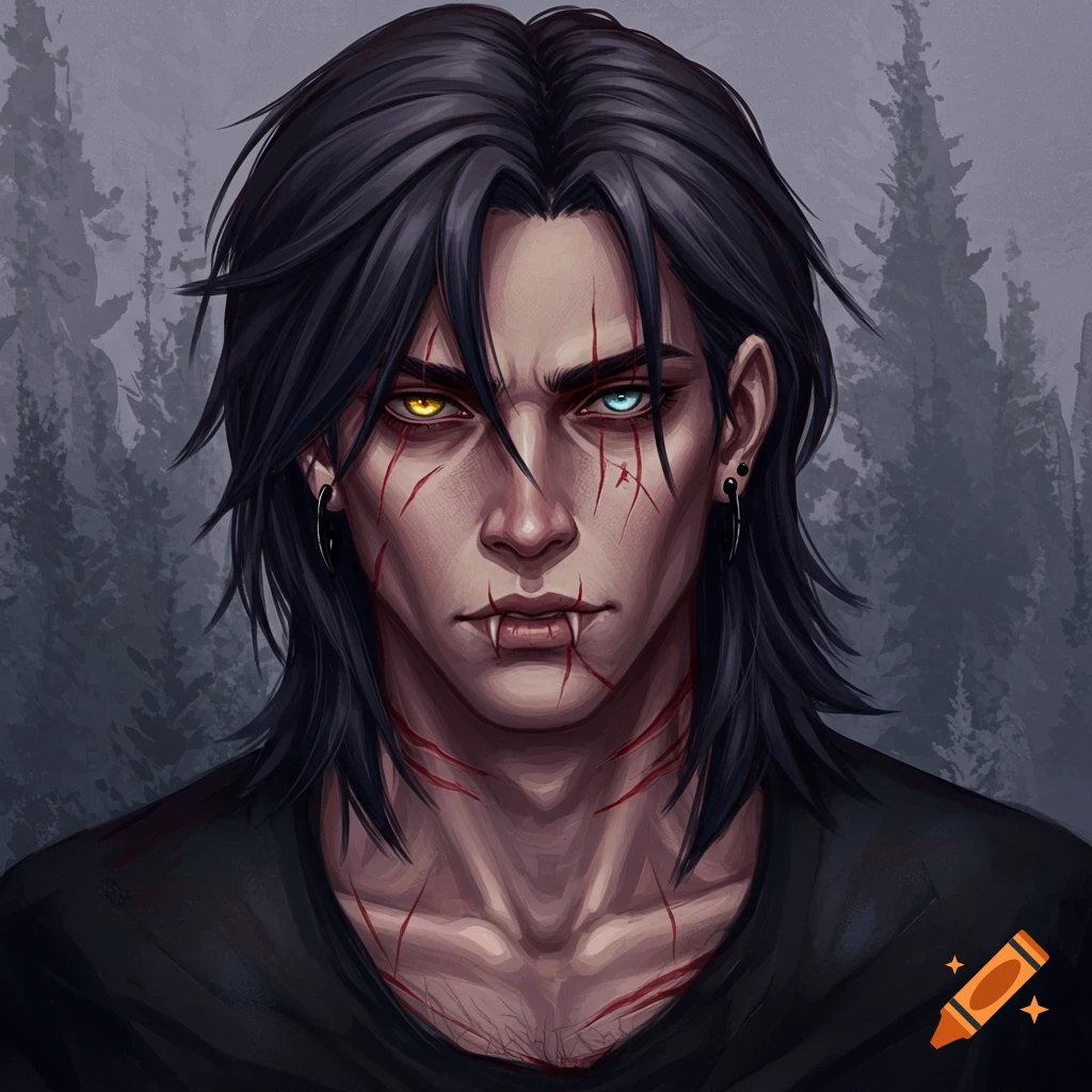 Portrait of a male fantasy character with black hair, yellow and blue eyes, fangs, and red scars on his face and neck.