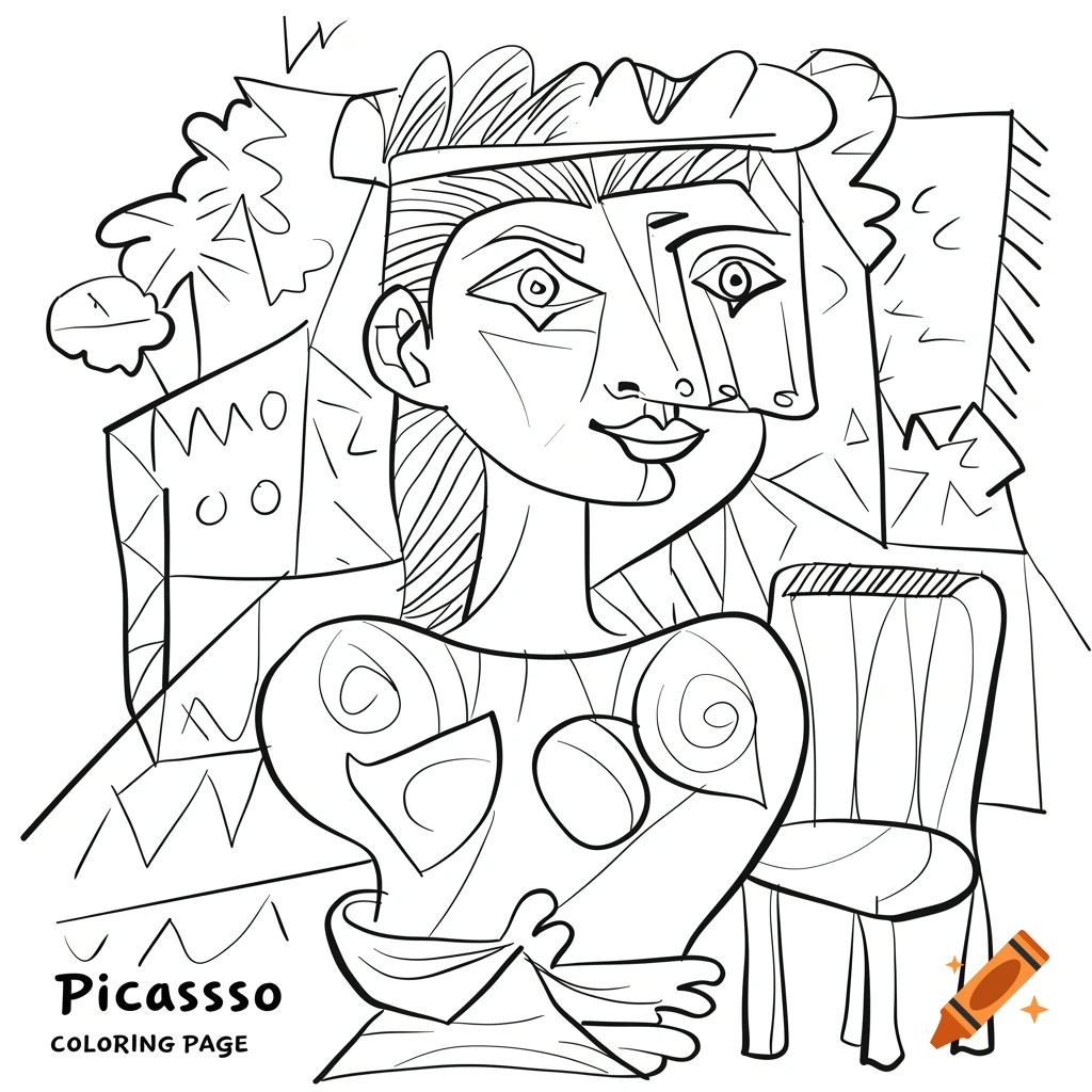 A black and white coloring page featuring a figure in the style of Cubism by Picasso.