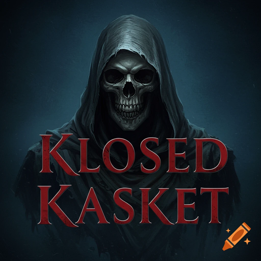 A hooded skull figure with the text "KLOSED KASKET" in front.