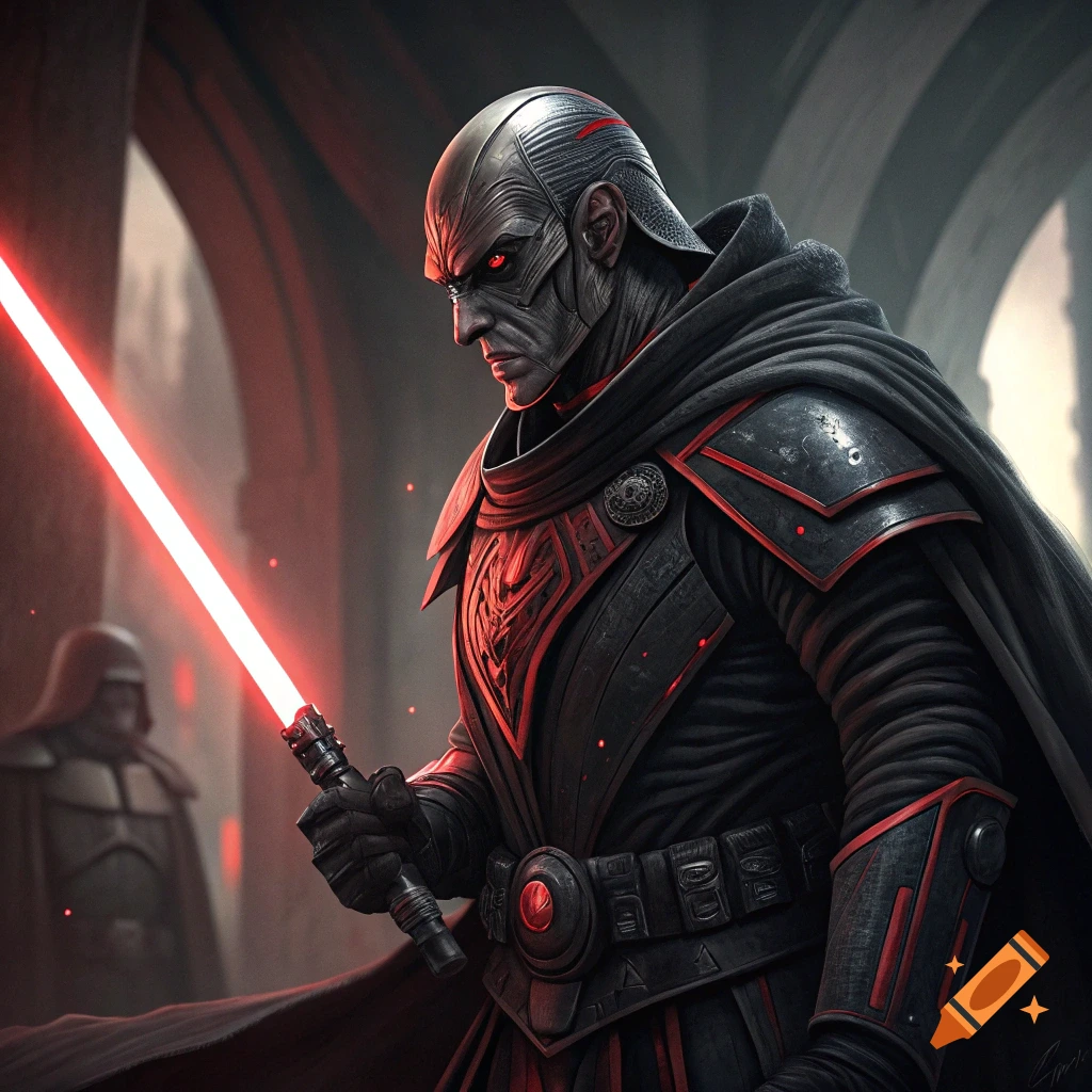 Detailed illustration of a dark figure resembling Darth Bane holding a red lightsaber.