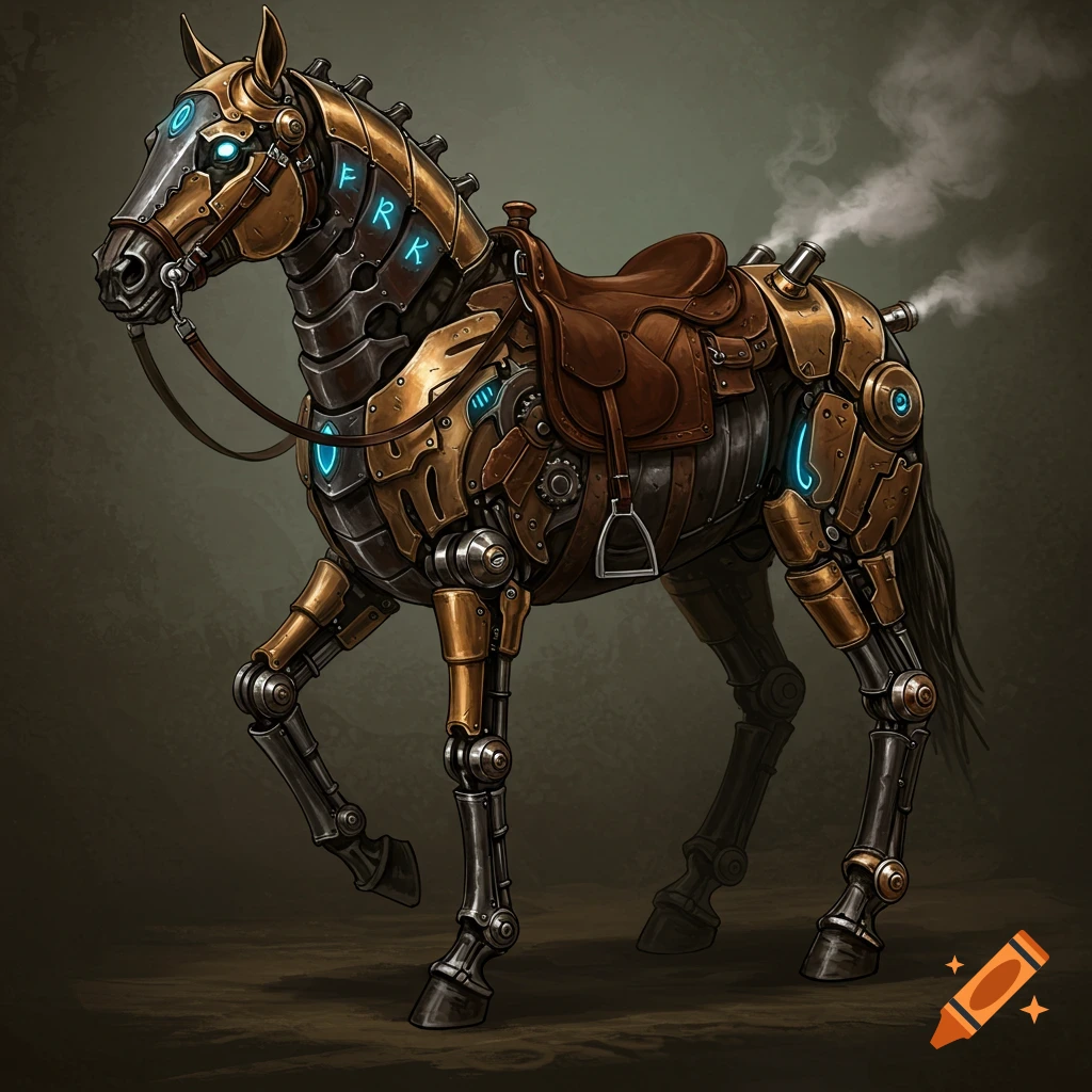 A detailed mechanical horse with golden and dark metal plating, blue glowing accents, and a saddle, standing on a dark background.