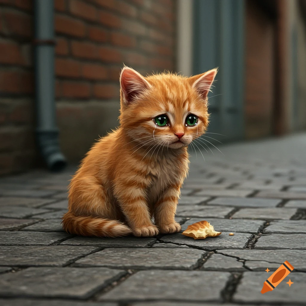 A sad orange kitten with green eyes sits on a cobblestone street next to a piece of bread.