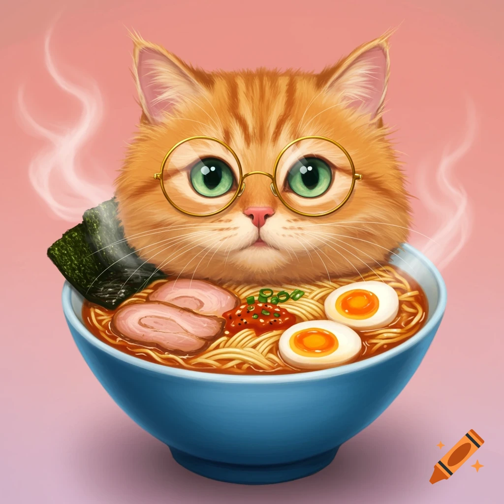 Whimsical image of an orange cat with glasses sitting in a bowl of ramen with eggs, meat, and nori.